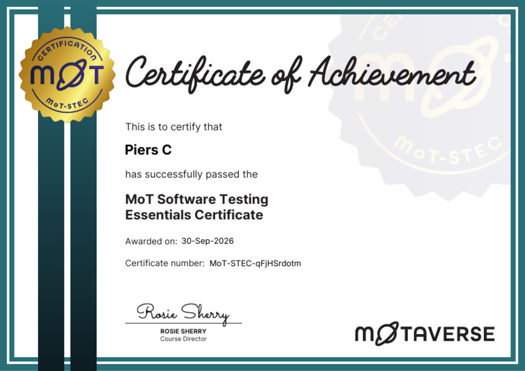 MoT Software Testing Essentials Certificate certificate awarded to P C image