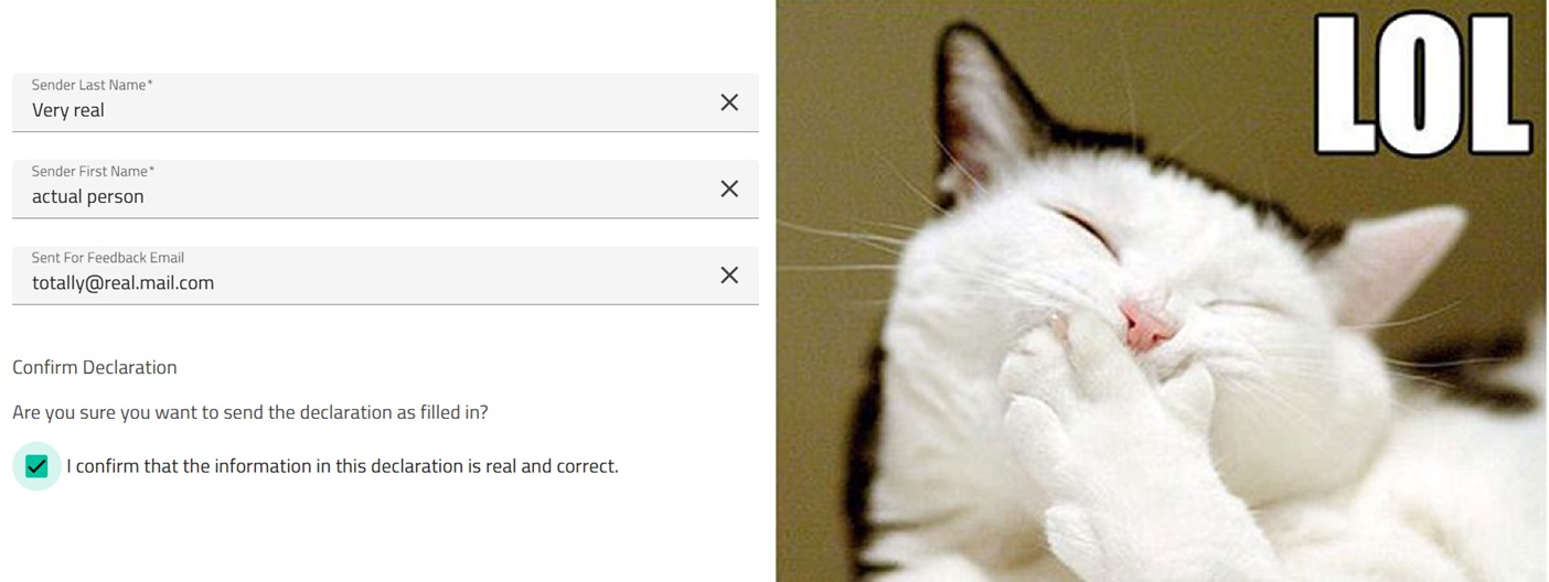 On the left is a screenshot from a form, fields Sender Last Name "Very real", Sender First Name "actual person", Sent... image