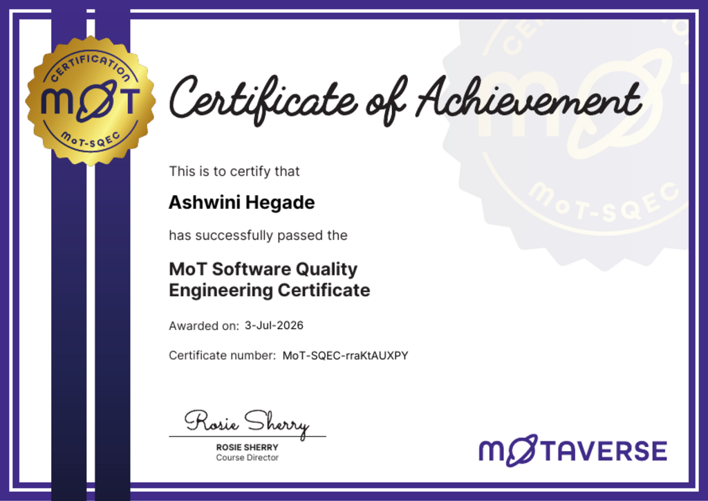 MoT Software Quality Engineering Certificate certificate awarded to Ashwini Hegade image