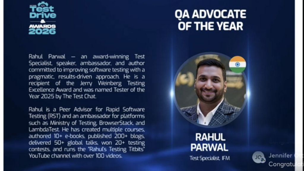 Humbled, grateful, and a little amazed.

Named 𝐐𝐀 𝐀𝐝𝐯𝐨𝐜𝐚𝐭𝐞 𝐨𝐟 𝐭𝐡𝐞 𝐘𝐞𝐚𝐫 at 𝘚𝘰𝘧𝘵𝘸𝘢𝘳𝘦 𝘛𝘦𝘴𝘵 𝘋𝘳𝘪𝘷𝘦 𝘈𝘸𝘢𝘳𝘥𝘴 2026 by Scandi... image