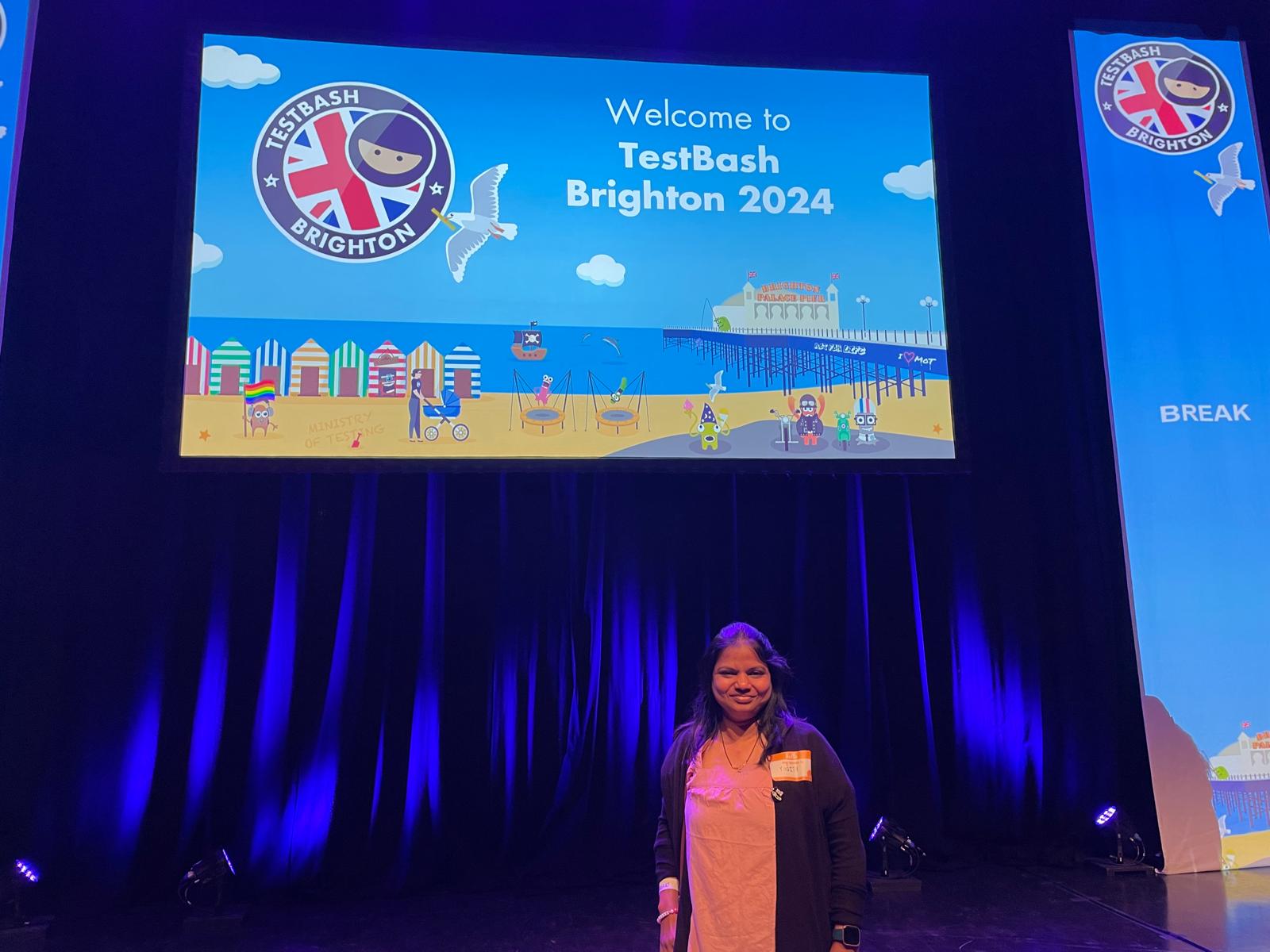 A photo of me on stage during the first break at TestBash 2024