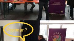 Two split imaged. In both, there are two men. One is sitting down behind a desk. The other is standing in front of the desk. In the top photo the person standing says "TestSphere?". In the bottom p... image