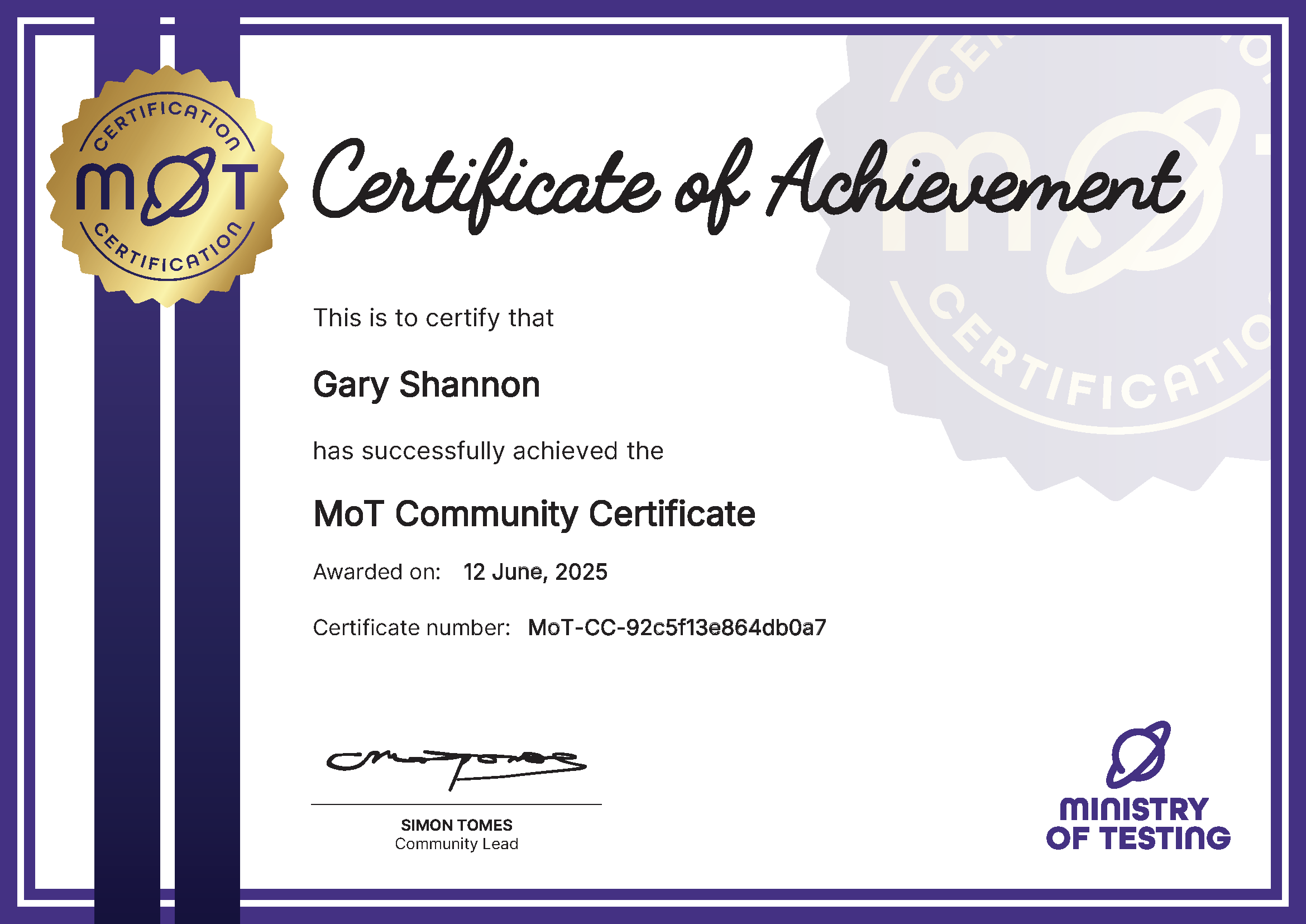 MoT Community Certificate certificate awarded to Gary Shannon