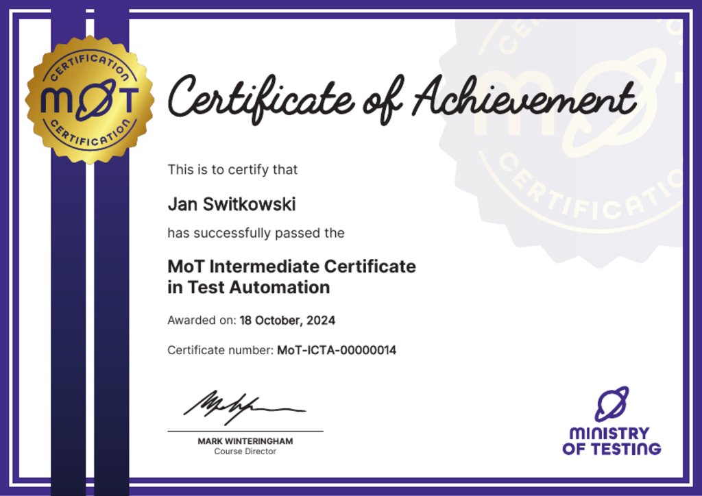 MoT Intermediate Certificate in Test Automation certificate awarded to Jan Switkowski image