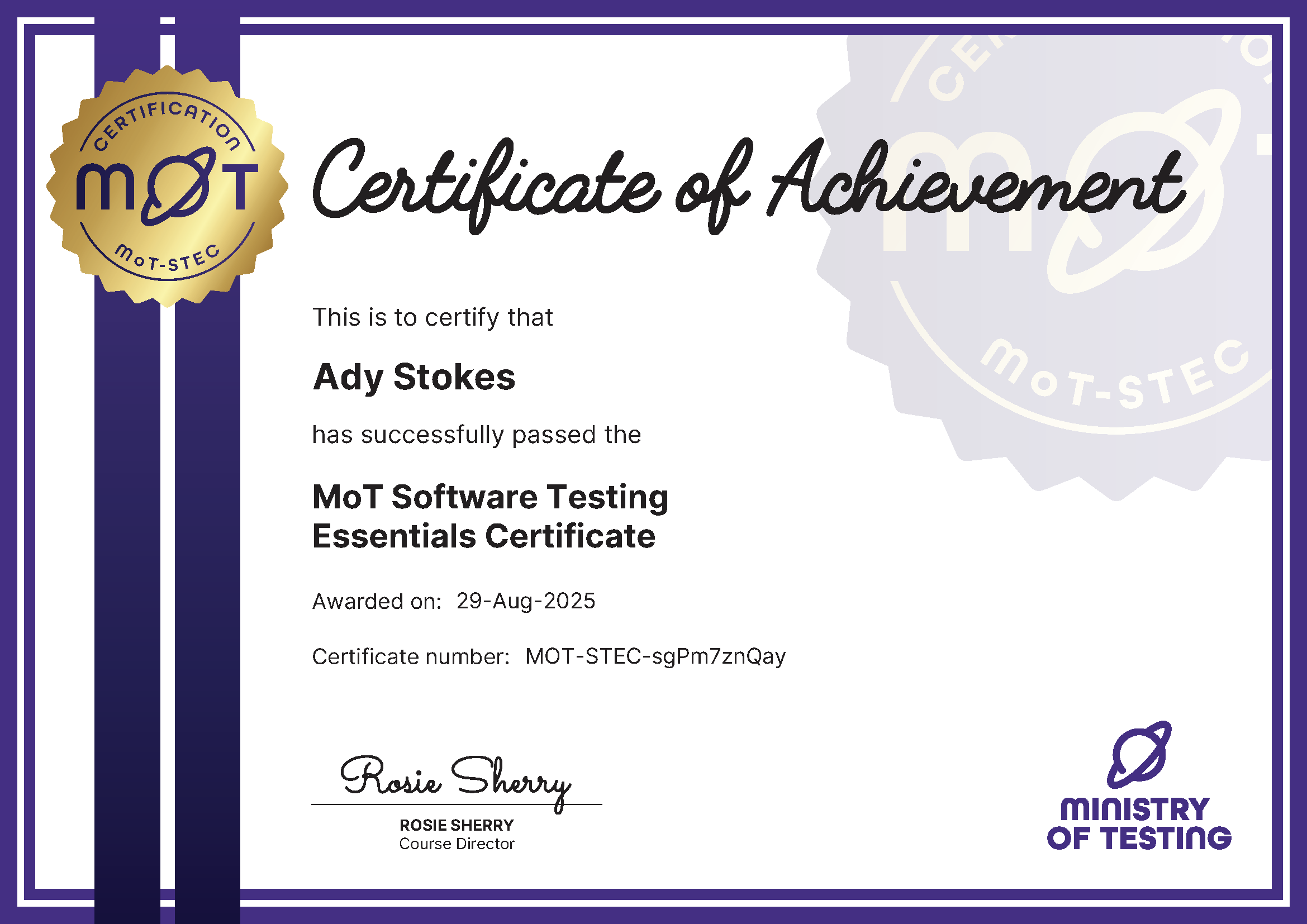 Software Testing Essentials Certificate for successfuly passing the exam. Signed by Rosie Sherry 