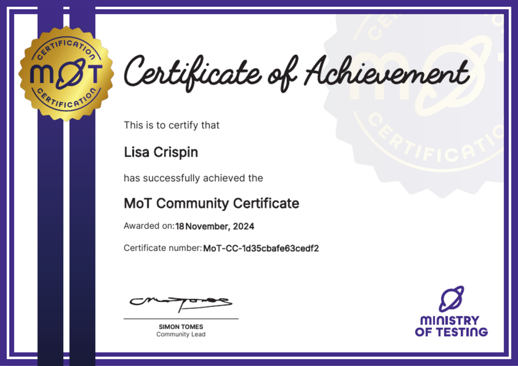MoT Community Certificate image
