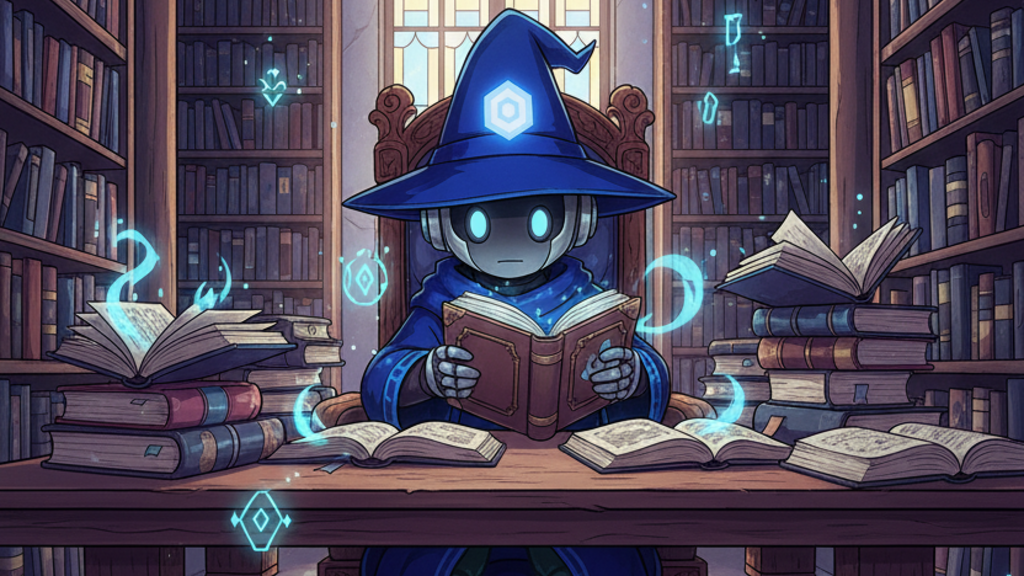 Wizzo, the small robo-mage mascot of Epic Test Quest, sits in a grand library surrounded by tall bookshelves and stacks of ancient books. Glowing runes and blue magical symbols float around as Wizzo reads intently under the warm light of a stained-glass window, blending technology and wizardry in a calm, enchanted study scene.