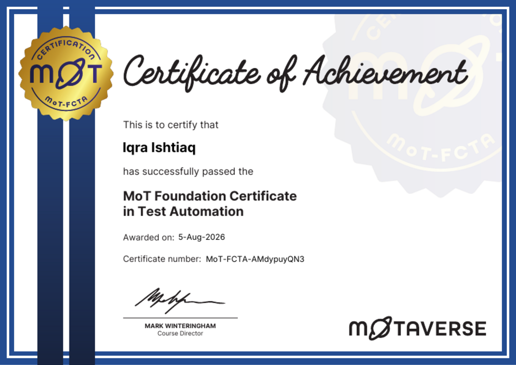 MoT Foundation Certificate in Test Automation certificate awarded to Iqra Ishtiaq image