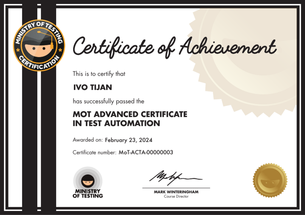 MoT Advanced Certificate in Test Automation certificate awarded to Ivo T. image