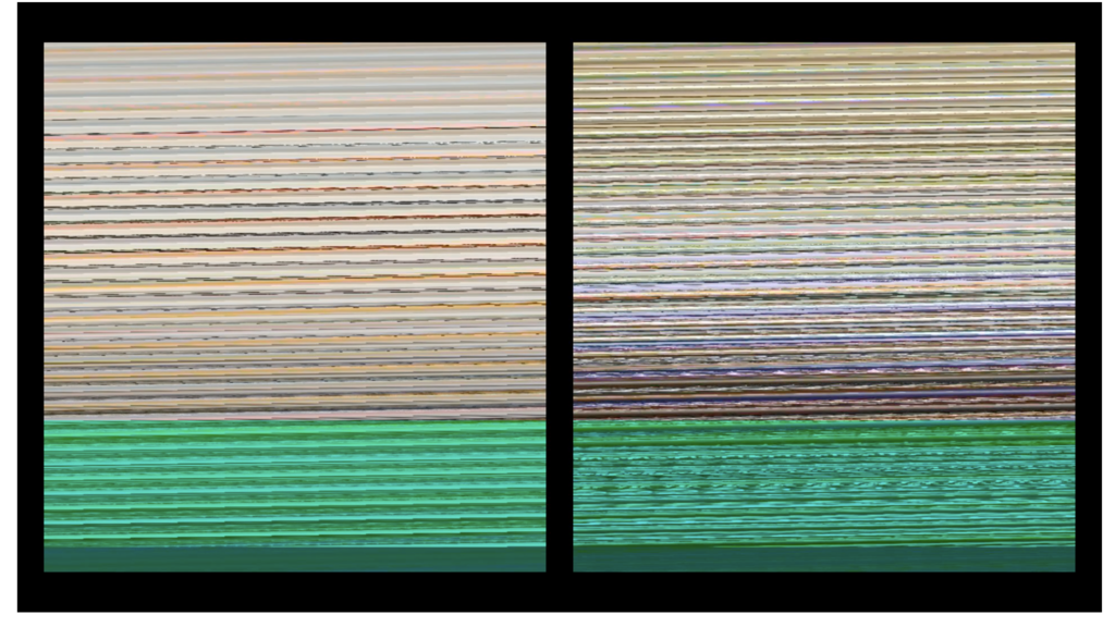 A side-by-side digital comparison of two highly pixel-stretched, glitched images with thick black borders. Both sides... image